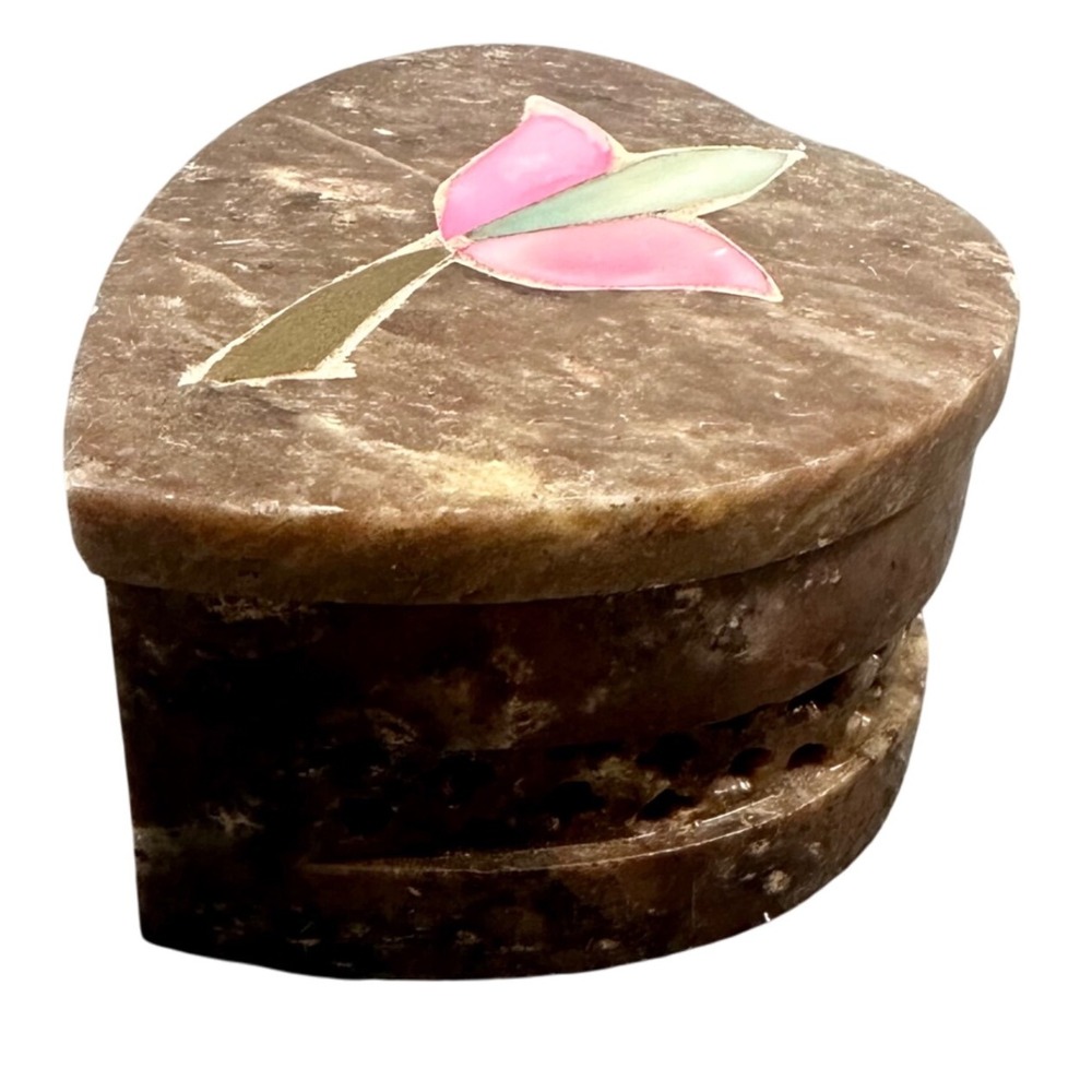 Vintage Soapstone Heart Shape Trinket Box Lid carved w Floral Inlay Abalone 1.5"